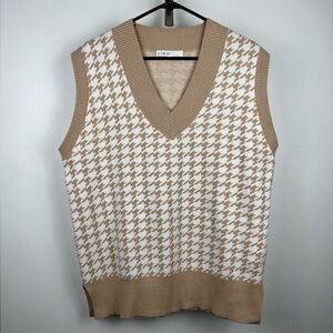 Cleo Beige Houndstooth Knit Sweater Vest Size L Preppy V-Neck